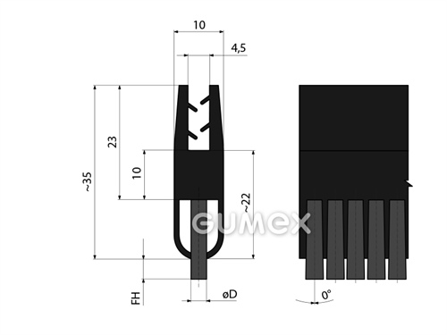 Profil mit Bürste 1330, 40x10mm, Bürstenlänge 5mm, Ø 0,2mm, Neigung 0°, TPE/PA6, -20°C/+100°C, 